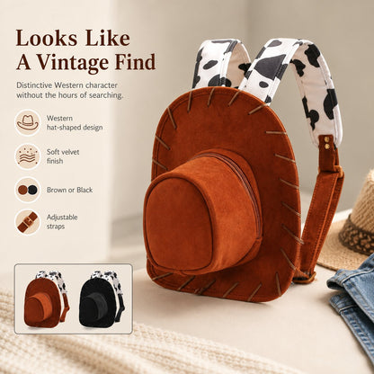 Western Hat-Shaped Velvet Backpack with Adjustable Straps and Zipper