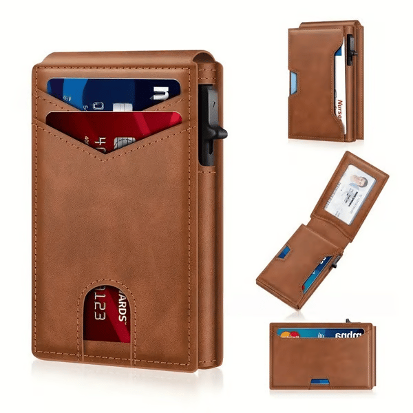 Slim Wallet for Men with Pop-Up Aluminum Case, RFID Blocking Minimalist Leather Bifold Card Holder