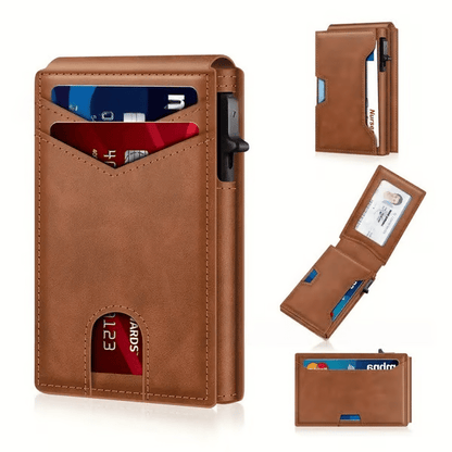 Slim Wallet for Men with Pop-Up Aluminum Case, RFID Blocking Minimalist Leather Bifold Card Holder