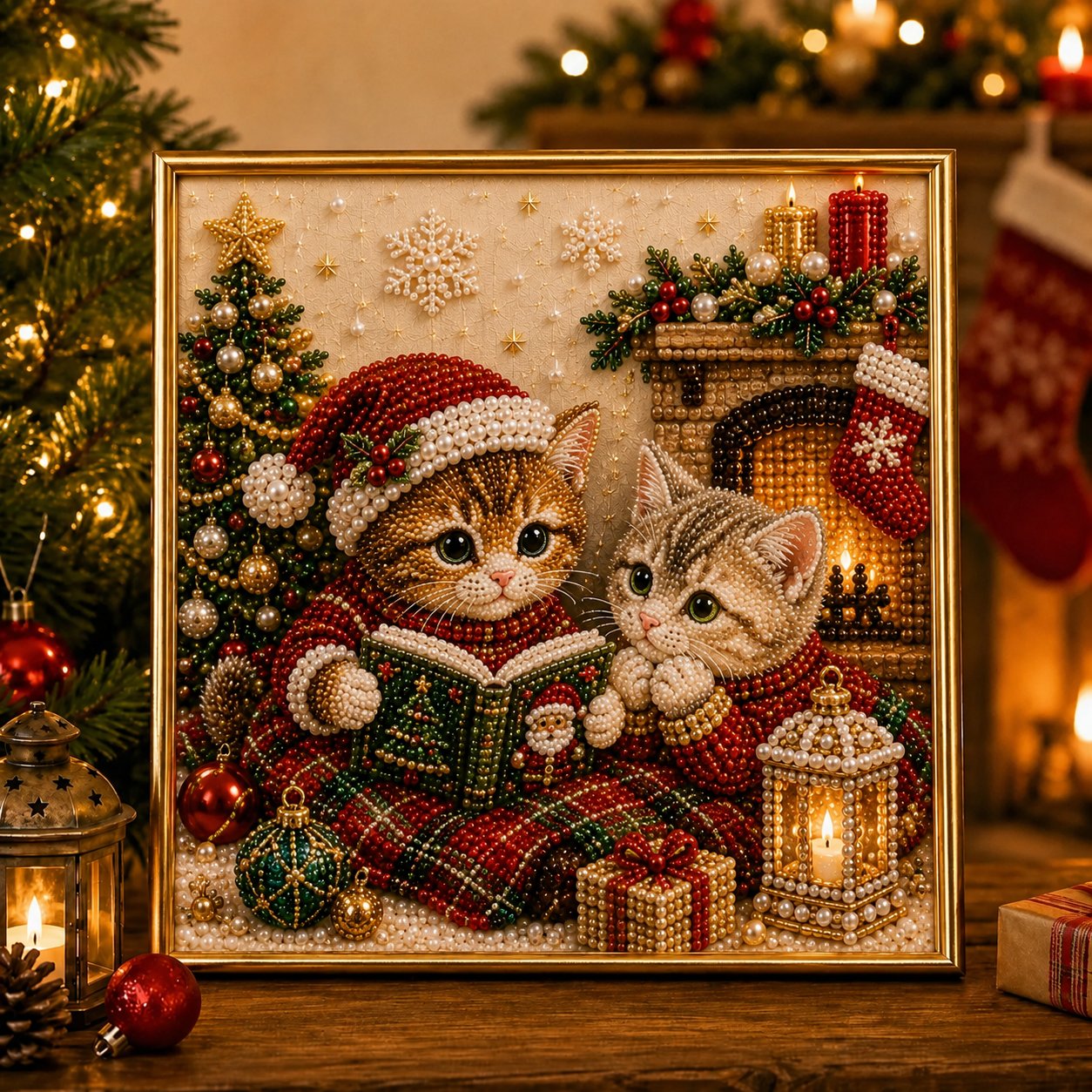🎄🐾LAST DAY 49% OFF - Premium 3D Pearl Christmas Kitty Art Kit I Luxury Flocked Canvas with Scratch-Resistant Non-Fading Pearl Beads DIY Holiday Decor🎅🐱❄️