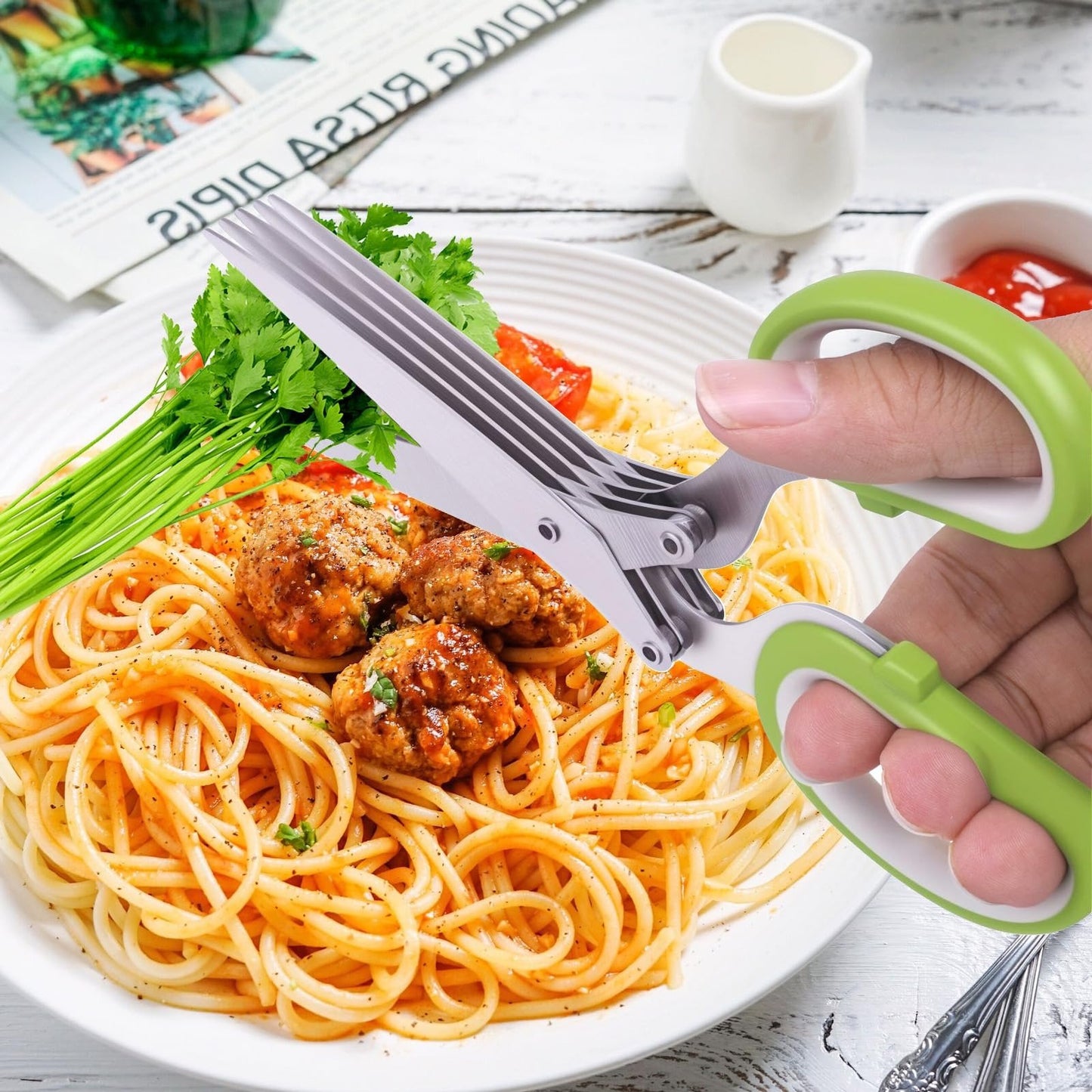 ✂️Herb Scissors 5 Blade Kitchen Shears, Multipurpose Herb Cutter with Safety Cover Cleaning Comb for Basil Chive Parsley