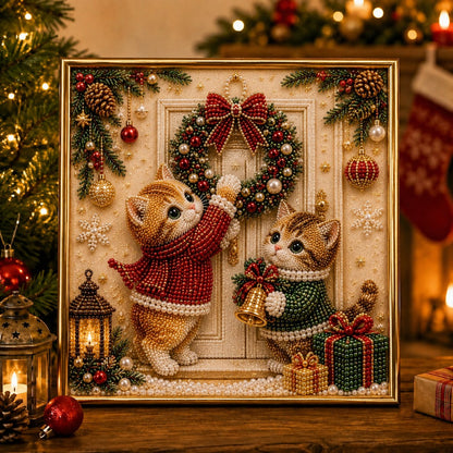🎄🐾LAST DAY 49% OFF - Premium 3D Pearl Christmas Kitty Art Kit I Luxury Flocked Canvas with Scratch-Resistant Non-Fading Pearl Beads DIY Holiday Decor🎅🐱❄️