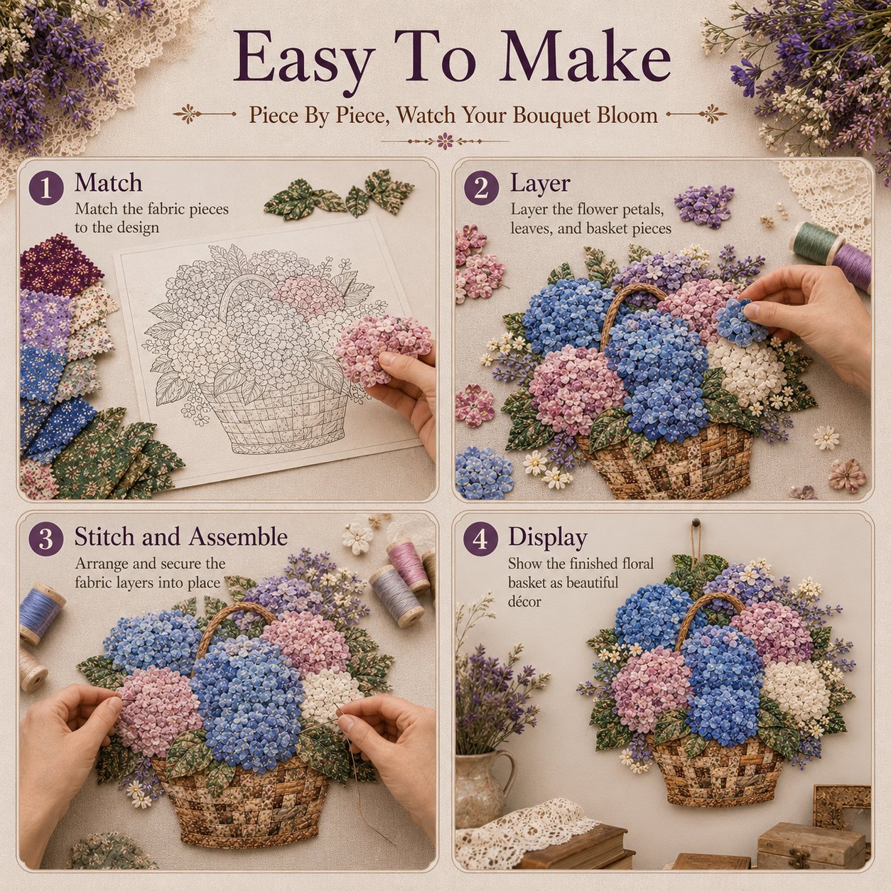 🔥HOTSALE5O%OFF- 🌸Floral Basket Patchwork DIY Kit| 3D Layered Fabric Flower Art Craft for Home Decor & Gifts