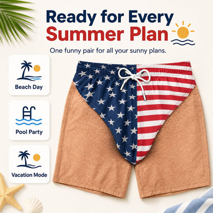 Funny Patriotic Men'sSwim Trunks - Freedom& Chill Summer Beach Shorts