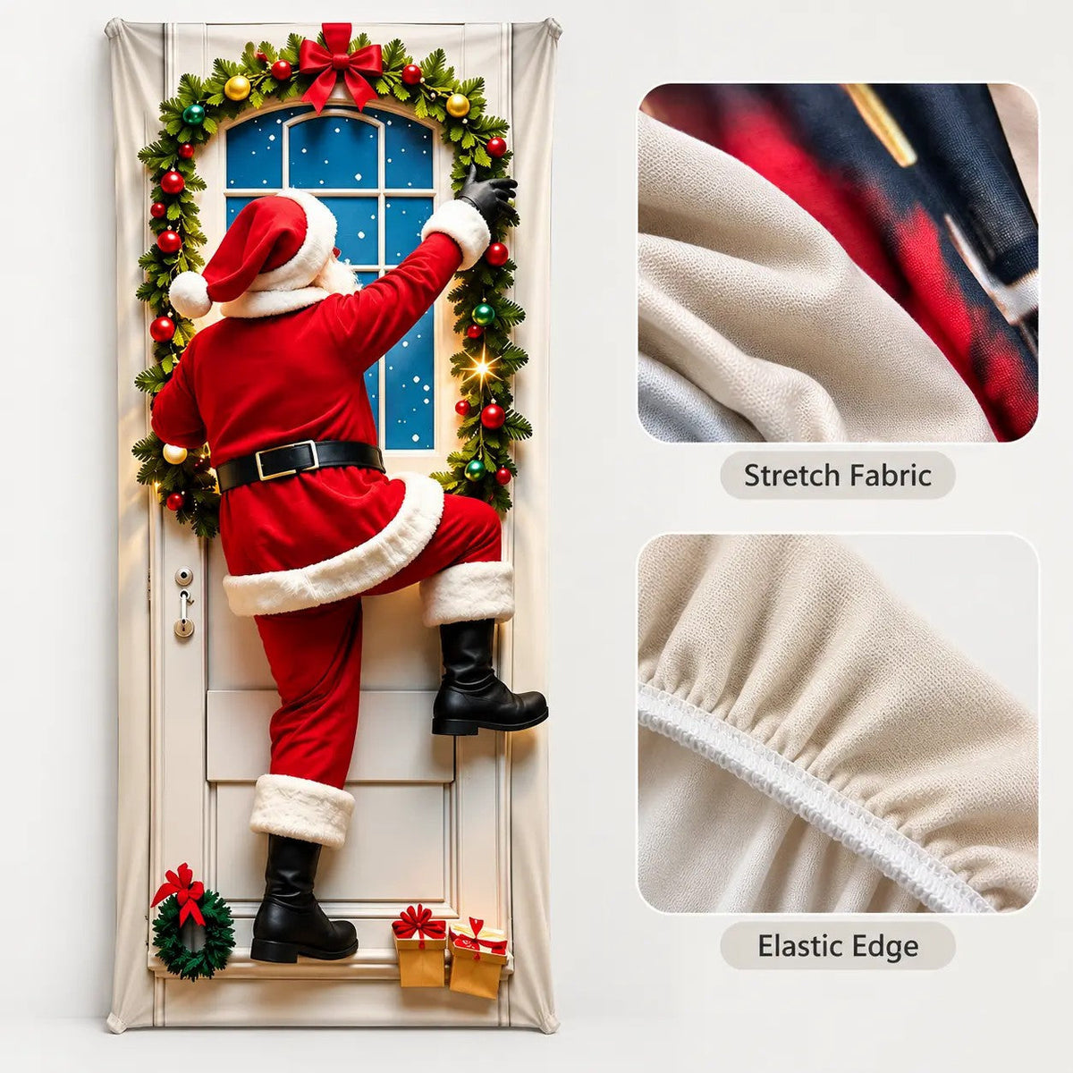 Christmas Door Cover - Stretch Fit Santa & Reindeer Door Decoration with 4-Side Elastic Edges 🎅