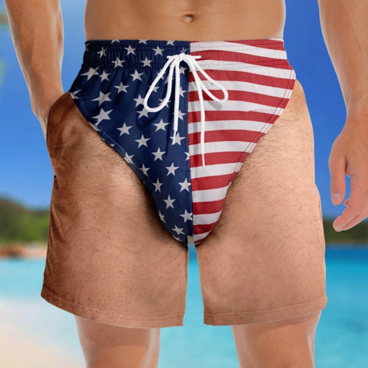 Funny Patriotic Men'sSwim Trunks - Freedom& Chill Summer Beach Shorts