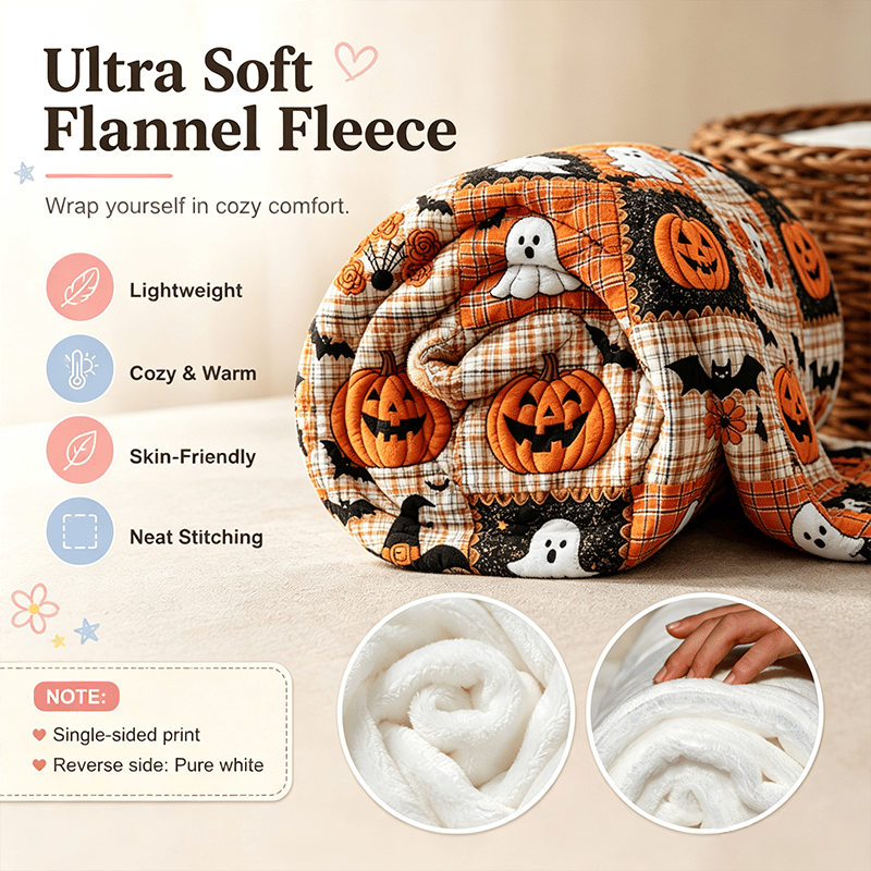 🎃🔥Halloween Pumpkin & Bat Flannel Throw Blanket, Soft Lightweight Cozy Blanket for Sofa & Bed✨