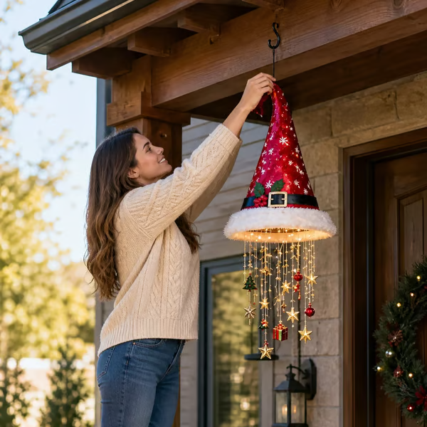 🎅Lighted Santa Hat Hanging Chandelier🎄 | 5 Styles Warm LED Christmas String Light | Indoor Outdoor Porch Holiday Decor Gift