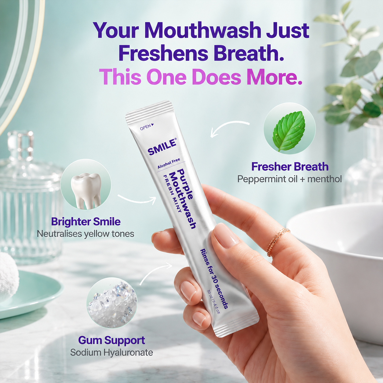 Purple Mint Mouthwash Sachets AlcoholFree Travel Fresh Breath Rinse 20 Pack