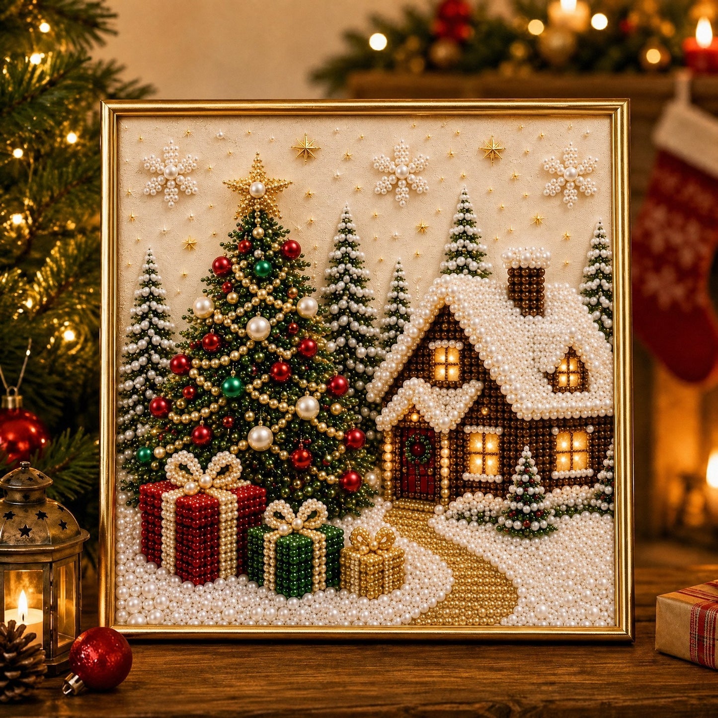 🎄🎅Premium 3D Pearl Christmas Wall Art Kit I Luxury Flocked Canvas with Scratch -Resistant Non-Fading Pearl Beads DIY Holiday Decor⛄❄️