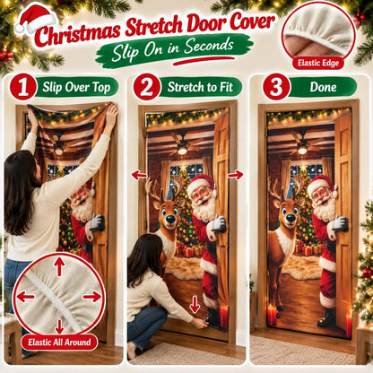 Christmas Door Cover - Stretch Fit Santa & Reindeer Door Decoration with 4-Side Elastic Edges 🎅