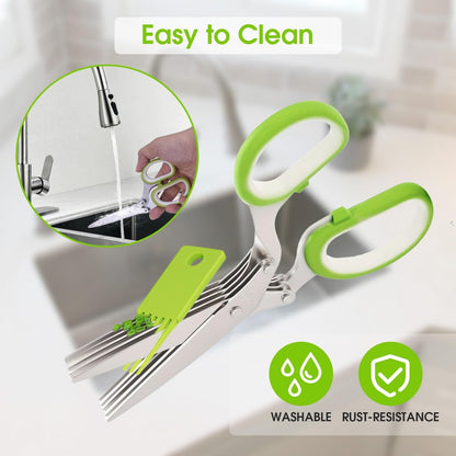 ✂️Herb Scissors 5 Blade Kitchen Shears, Multipurpose Herb Cutter with Safety Cover Cleaning Comb for Basil Chive Parsley