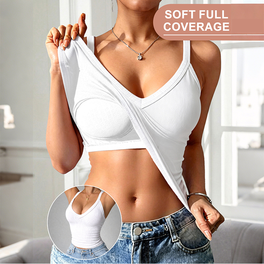 Neck Cotton Tank Tops with Built-in Shelf Bra